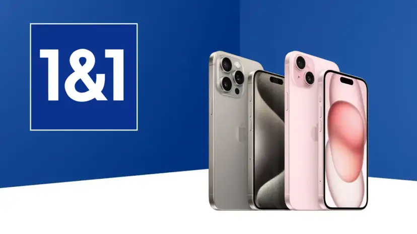 1&1 Logo neben iPhones in Silber und Rosa auf blauem Hintergrund.
