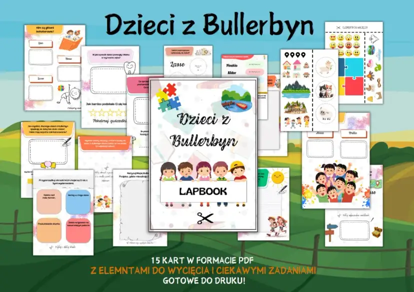 Zestaw zadań do lapbooka "Dzieci z Bullerbyn" - streszczenie przygód, bohaterów i zabaw.