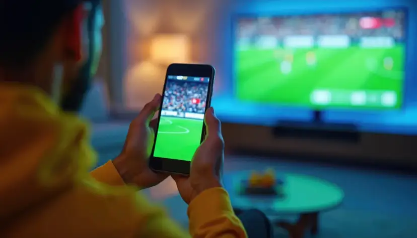 Mężczyzna trzyma telefon, na którym widać boisko piłkarskie. Obok niego włączony telewizor wyświetla ten sam mecz. To pokazuje, jak połączyć telefon z telewizorem, by oglądać sport na dużym ekranie.