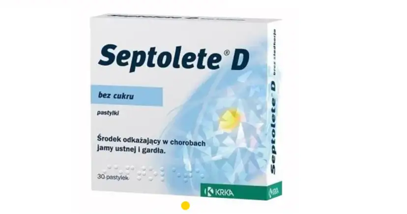 Opakowanie pastylek bez cukru Septolete D, środka odkażającego jamę ustną i gardło. 30 sztuk.