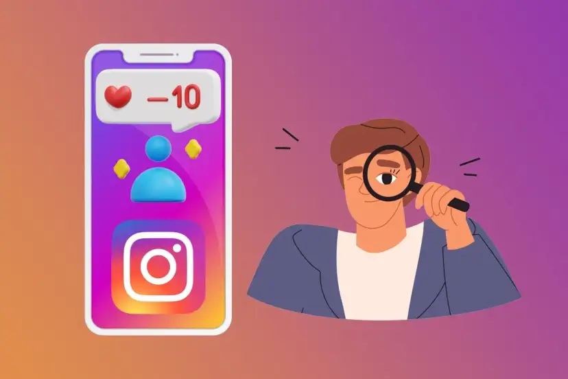 Mann mit Lupe schaut auf Instagram-App mit Herz und -10 Followern.