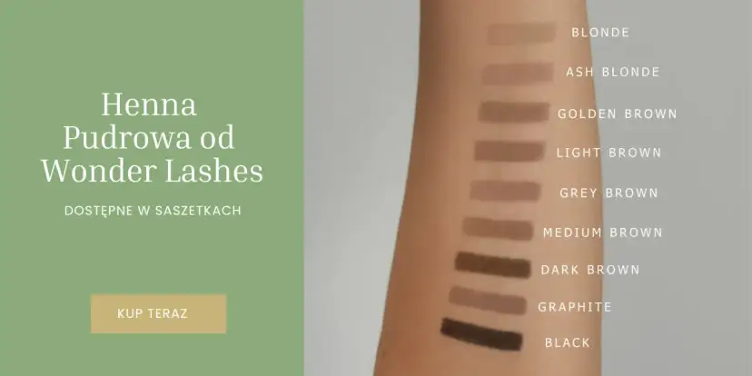 Próbki henny pudrowej Wonder Lashes na skórze ramienia. Dostępne odcienie: Blonde, Ash Blonde, Golden Brown, Light Brown, Grey Brown, Medium Brown, Dark Brown, Graphite, Black.