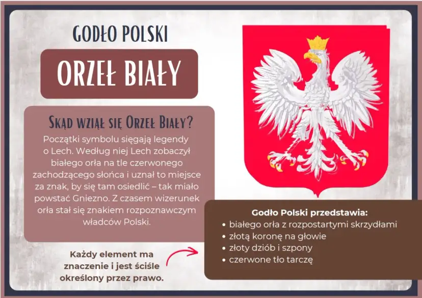 Legenda o orle białym opowiada o Lechu, który zobaczył białego orła na tle zachodzącego słońca. Godło Polski przedstawia białego orła ze złotą koroną.