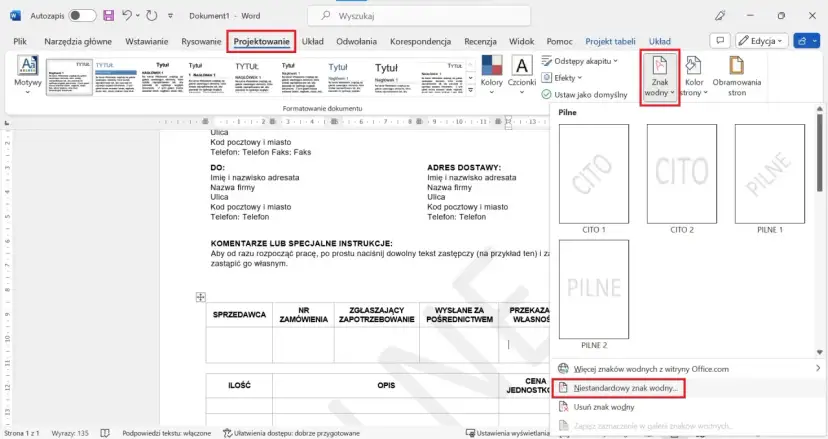 Ikona znaku wodnego w programie Word z podglądem znaków wodnych.
