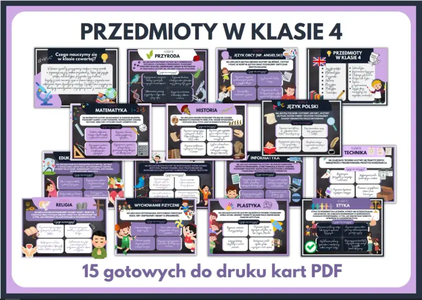 Przedmioty w klasie 4: przyroda, matematyka, historia, język polski, język obcy, informatyka, technika, plastyka, wychowanie fizyczne, edukacja, religia, etyka.