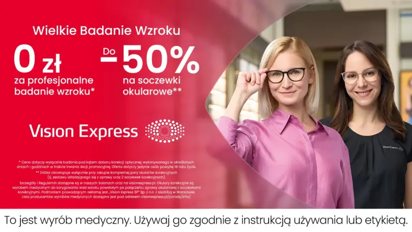 Dwie kobiety w okularach, reklama Vision Express z ofertą badania wzroku za 0 zł i zniżką na soczewki.