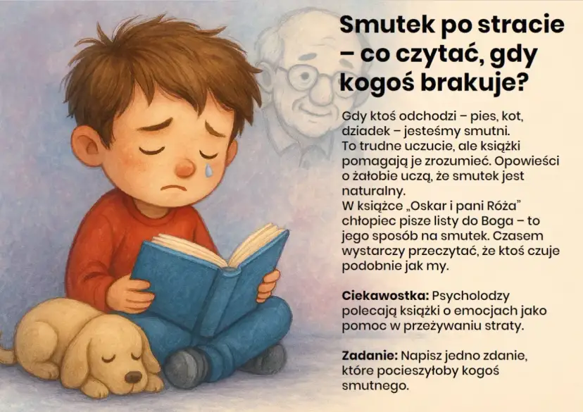 Chłopiec z pieskiem czyta książkę, smutny. Obok unosi się duch dziadka. To o tym, jak biblioterapia pomaga zrozumieć smutek po stracie.