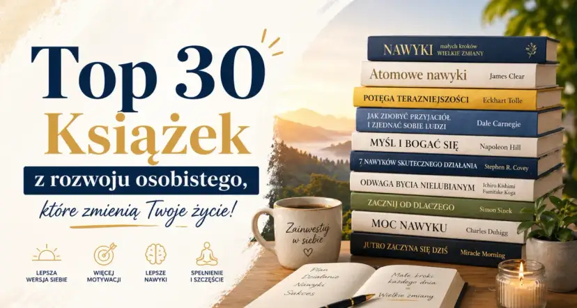 Mądre książki dla dorosłych o rozwoju osobistym, które inspirują do zmian. Na zdjęciu stos książek, kubek z napisem "Zainwestuj w siebie" i notatnik.