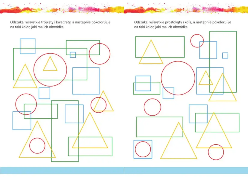 Zadania z geometrii klasa 3 do druku: koloruj figury zgodnie z kolorem ich obwódki.