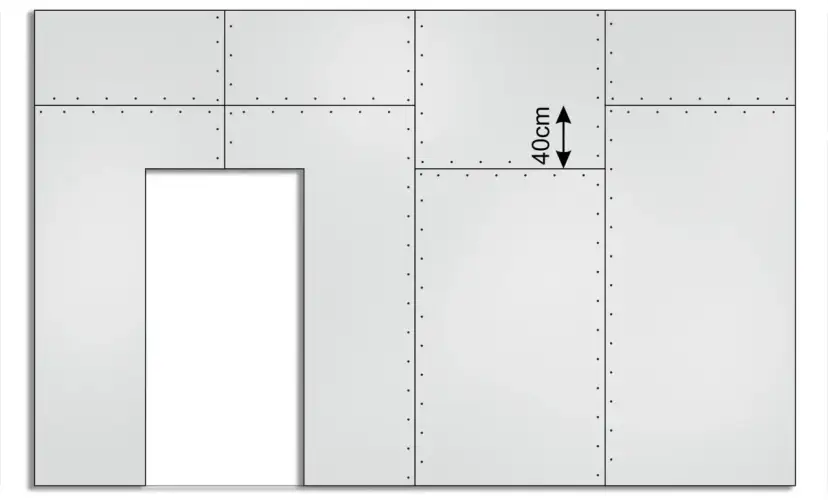 Schemat przedstawia fragment ściany z płyt gipsowo-kartonowych, z zaznaczonymi wymiarami płyty gk 40cm.