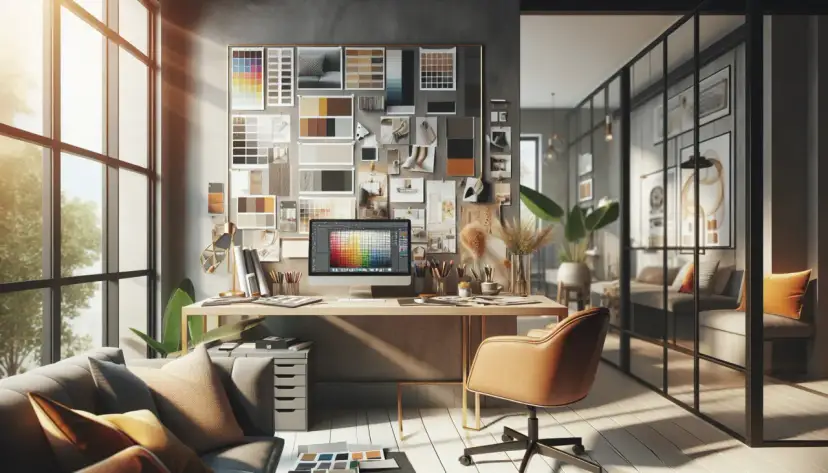 Inspiracja do pkd wykończenie wnętrz: moodboard, komputer z paletą kolorów, próbki materiałów i wygodna sofa.