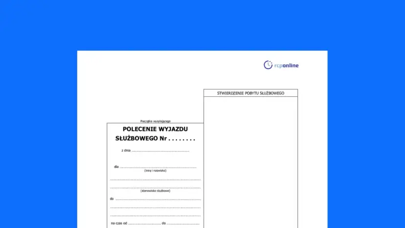 Wzór polecenia wyjazdu służbowego z polami do wypełnienia: cel, termin, dane pracownika i potwierdzenie pobytu.
