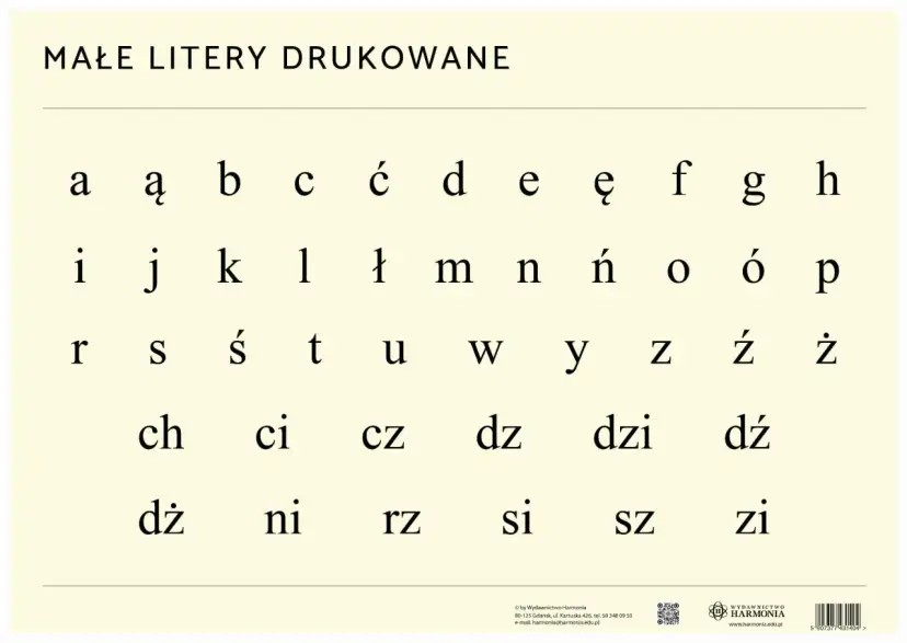 Małe litery drukowane polskie: a, ą, b, c, ć, d, e, ę, f, g, h, i, j, k, l, ł, m, n, ń, o, ó, p, r, s, ś, t, u, w, y, z, ź, ż, ch, ci, cz, dz, dzi, dź, dż, ni, rz, si, sz, zi.