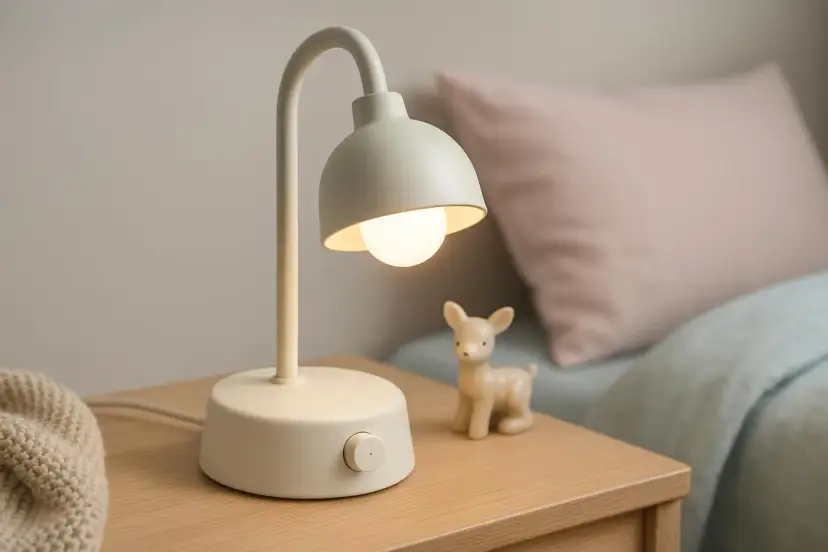 Urocza lampka nocna dla dzieci, która rozświetli pokój malucha. Obok niej stoi mały, ceramiczny jelonek.