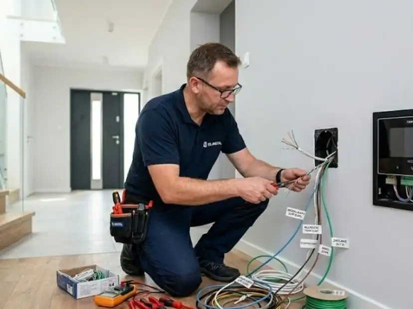 Elektryk podłączający kable domofonu i elektrozaczepu.