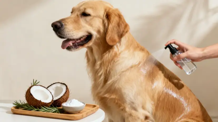 Golden retriever recibe spray para pelo. Ingredientes naturales como coco y romero sugieren cómo quitar rastas a un perro.