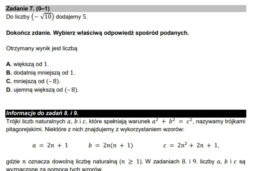 Fragment zadania z matematyki z pytaniem o liczbę i wzorami na trójki pitagorejskie.