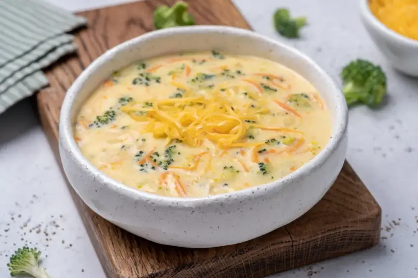 Aksamitna zupa brokułowa z serem cheddar, pełna zielonych różyczek i pomarańczowych nitek marchewki, podana w ceramicznej misce na drewnianej desce.