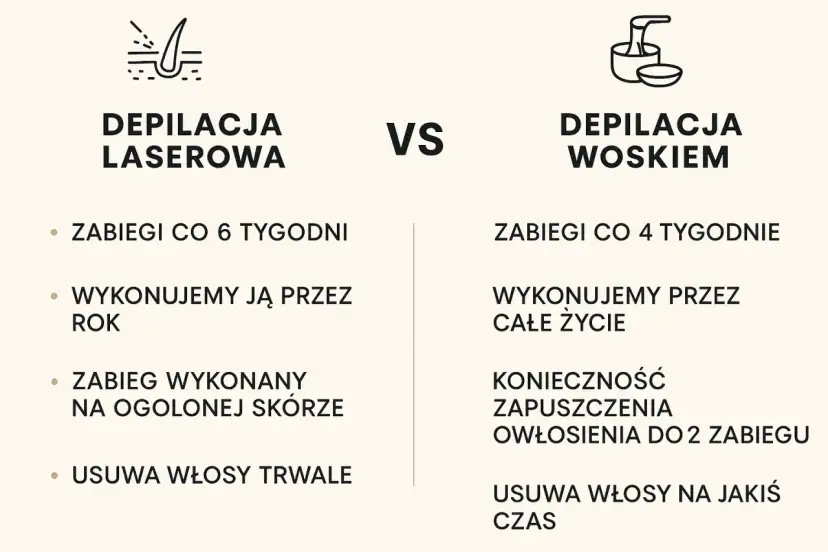 Porównanie depilacji laserowej i woskiem: laser działa trwale, zabiegi co 6 tyg. przez rok. Wosk wymaga ciągłych zabiegów.
