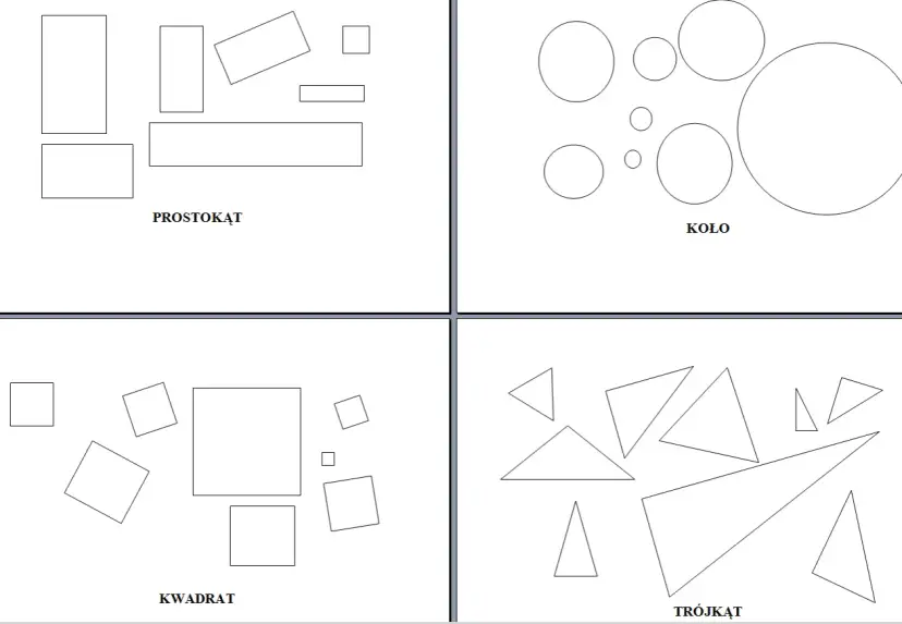 Karta pracy figury geometryczne: prostokąty, koła, kwadraty i trójkąty.