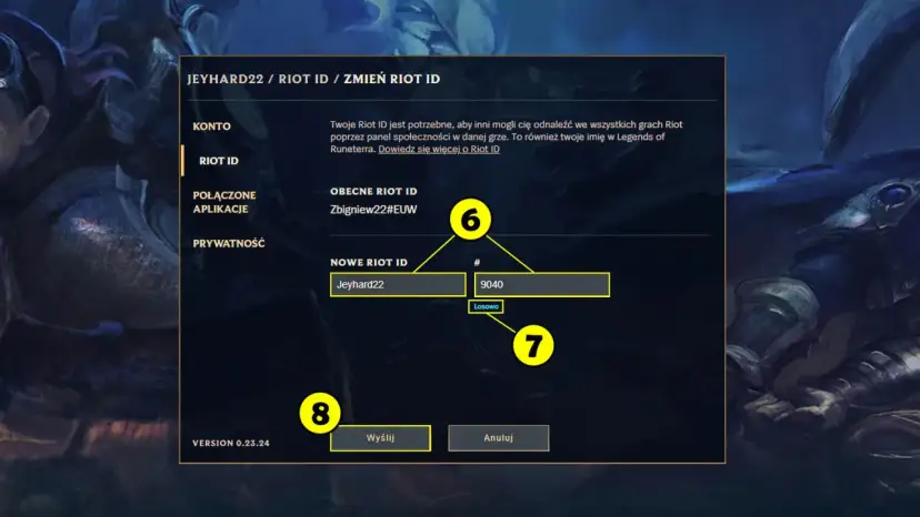 Interfejs zmiany Riot ID w grze, z polami na nowe ID i numer.
