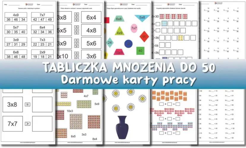 Karty pracy z tabliczką mnożenia do 40, zawierające przykłady i ćwiczenia z mnożenia.