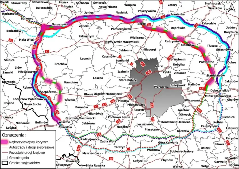 Mapa dróg wokół Warszawy, z zaznaczonymi autostradami, drogami ekspresowymi i innymi drogami krajowymi. Najkorzystniejszy korytarz dk50 oznaczony różowym kolorem.