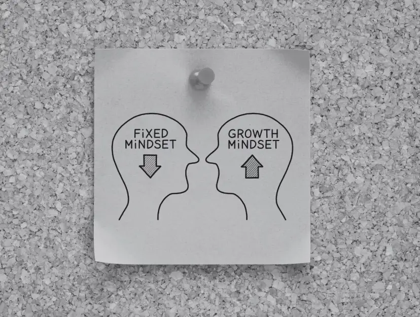 Dwie głowy, jedna z "fixed mindset" i strzałką w dół, druga z "growth mindset" i strzałką w górę. Pokazuje, co ile lat zmienia się charakter człowieka.