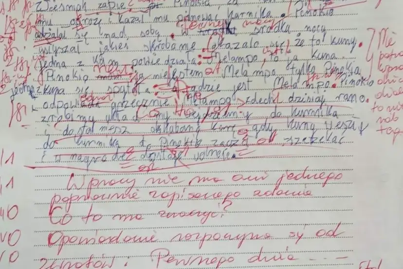 Przykłady pisma z dysgrafią: litery nierówne, pochylone, zniekształcone. Tekst opowiada o Pinokiu i jego przygodach.