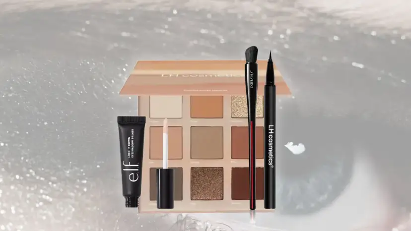 Make-up Produkte: Lidschattenpalette, Primer, Pinsel und Eyeliner auf glitzerndem Hintergrund.