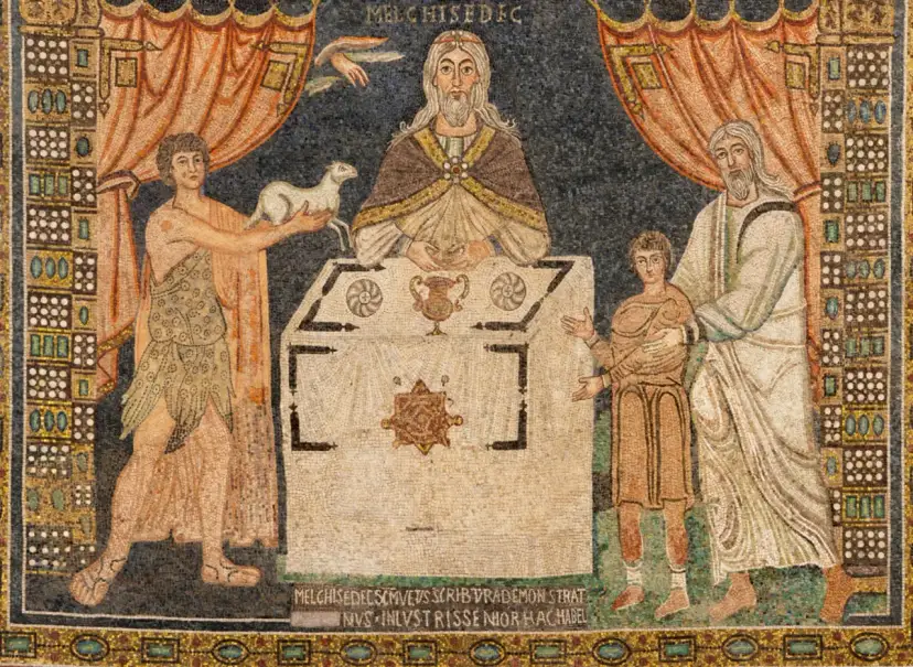 Melchizedek, król Salemu, ofiaruje chleb i wino. Obok niego młody człowiek z barankiem, a po drugiej stronie starszy mężczyzna z chłopcem.