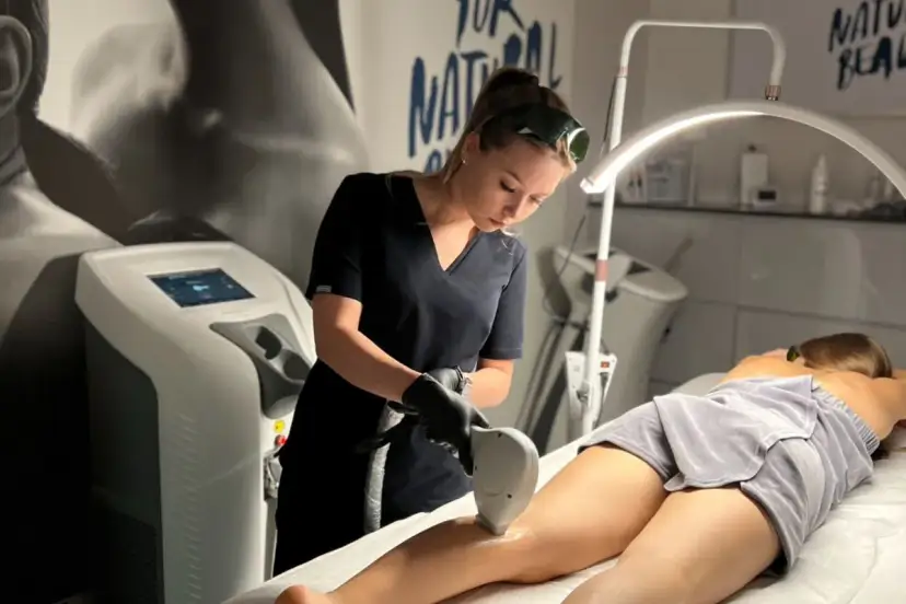 Profesjonalistka wykonuje zabieg depilacji laserowej nogi. To najlepszy laser do depilacji, zapewniający gładkość skóry.
