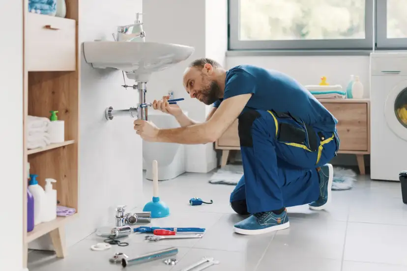 Hydraulik w niebieskim kombinezonie montuje kran pod umywalką, używając klucza.