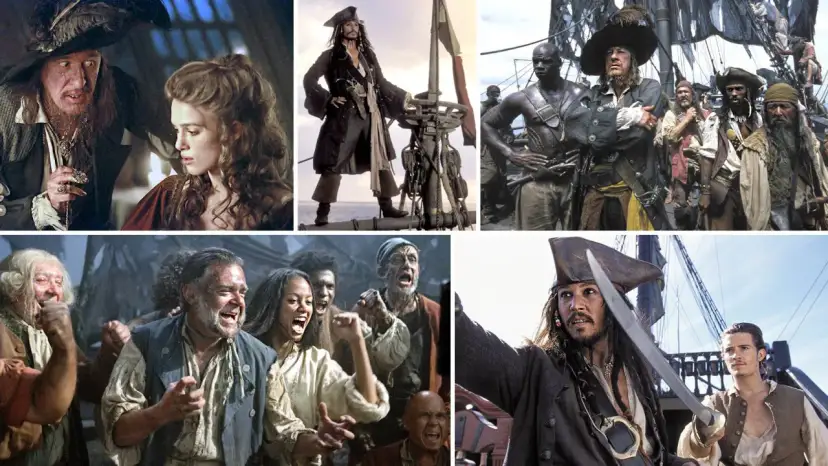 Kolaż scen z filmu "Piraci z Karaibów: Klątwa Czarnej Perły". Kapitan Jack Sparrow i jego załoga w akcji.