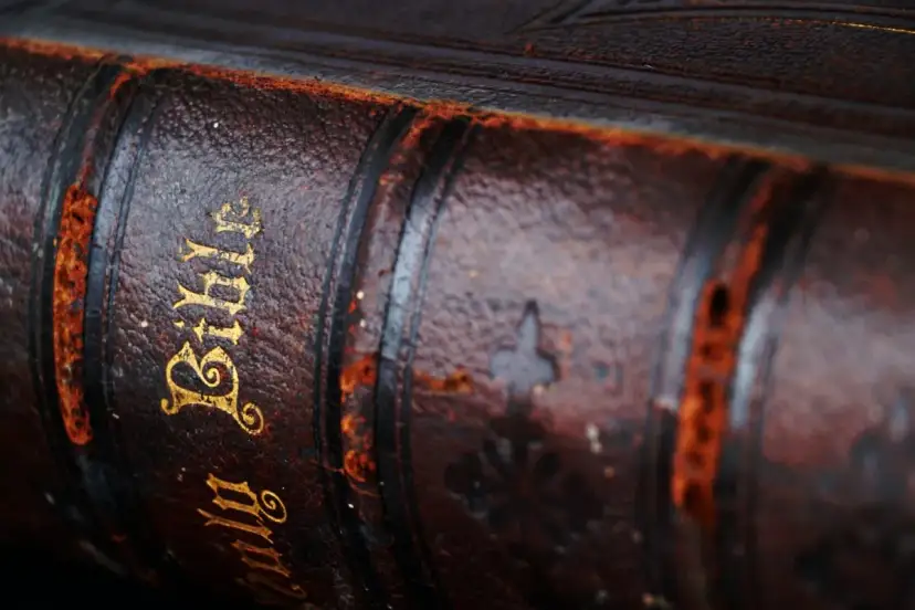 Stara, skórzana oprawa Biblii. Złoty napis "Bible" i zdobienia. W tej księdze znajdziemy historie o tym, jak zginęli apostołowie.