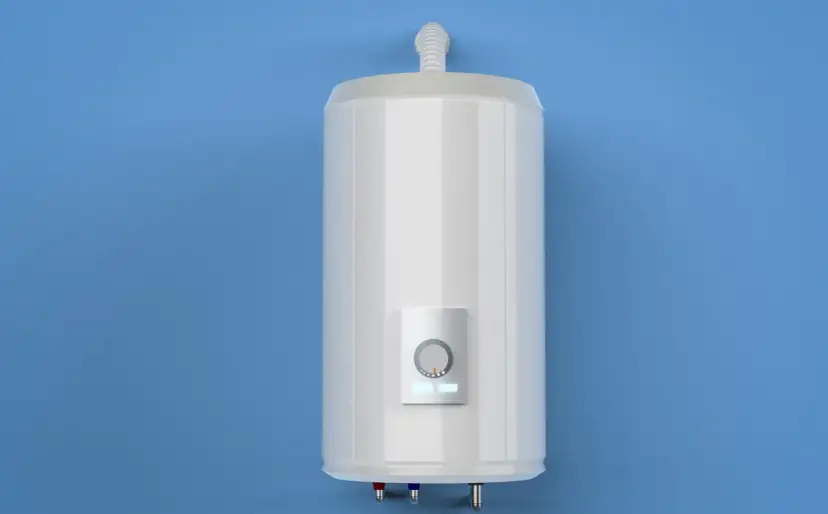 Bojler elektryczny 100l energooszczędny, biały, z panelem sterowania i wskaźnikami LED, zamontowany na niebieskiej ścianie.