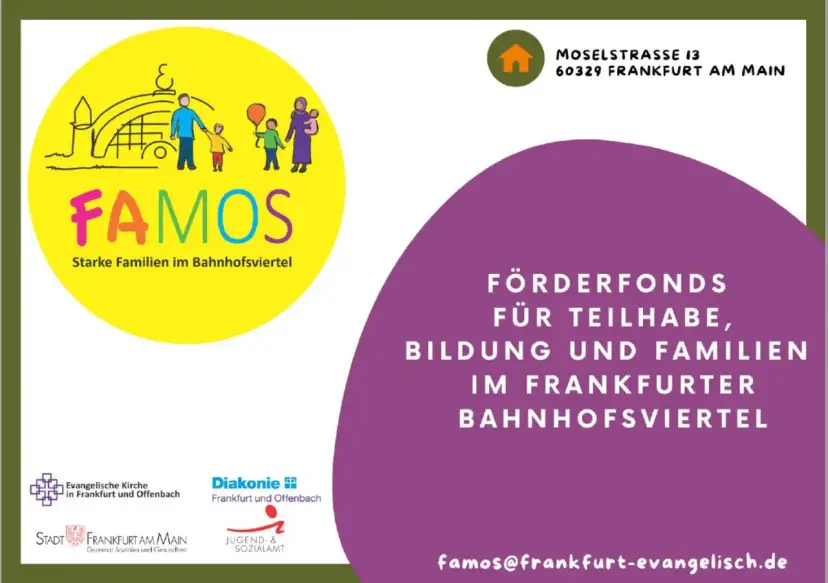 Gelbe Kreisgrafik mit stilisierten Familien und dem Schriftzug FAMOS.
