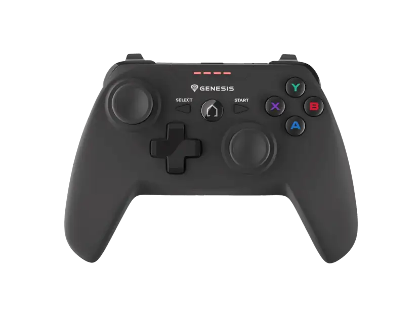 Czarny gamepad Genesis PV58 z podświetlanymi przyciskami i diodami LED.