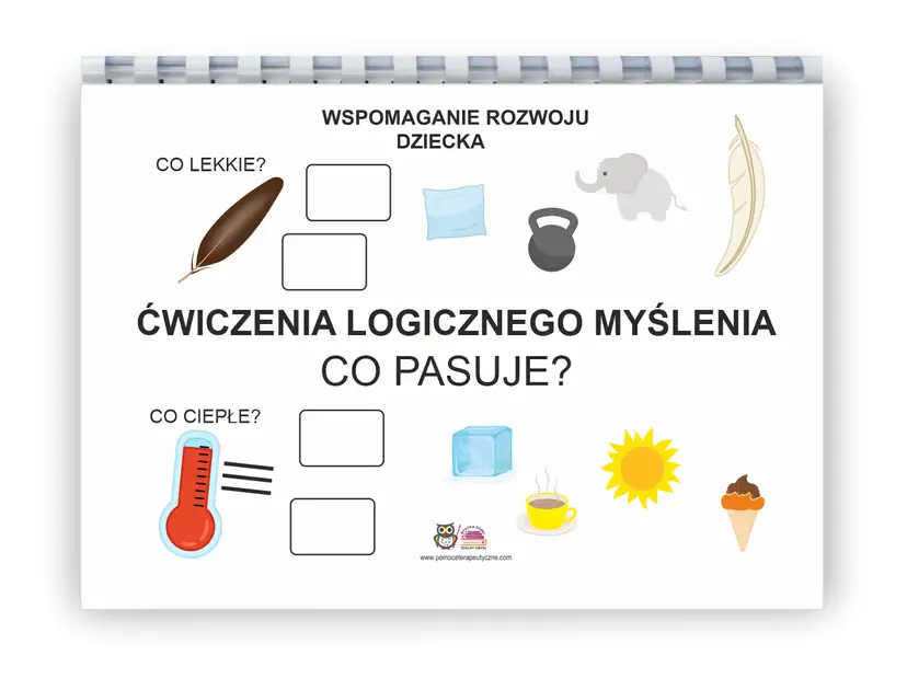 Sekwencje karty pracy: piórko, poduszka, słoń, ciężarek, pióro. Termometr, lód, słońce, kawa, lody.