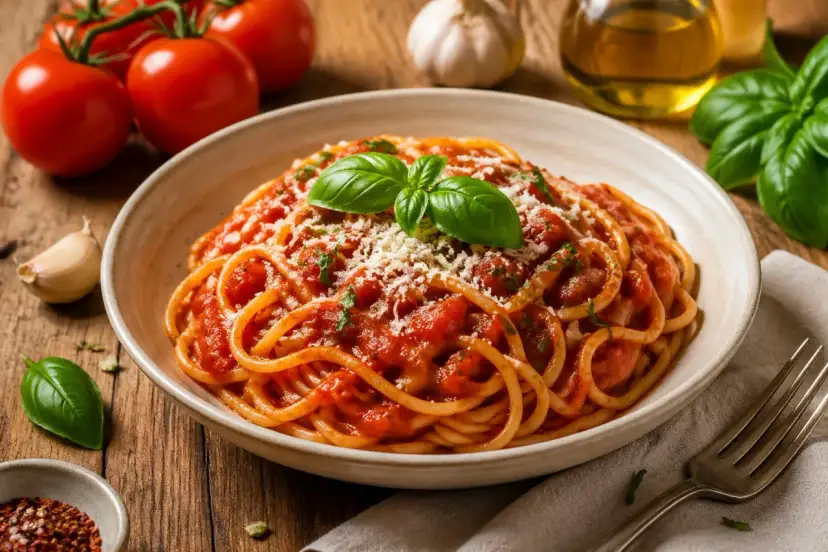 Talerz spaghetti z sosem pomidorowym, posypany parmezanem i udekorowany bazylią.
