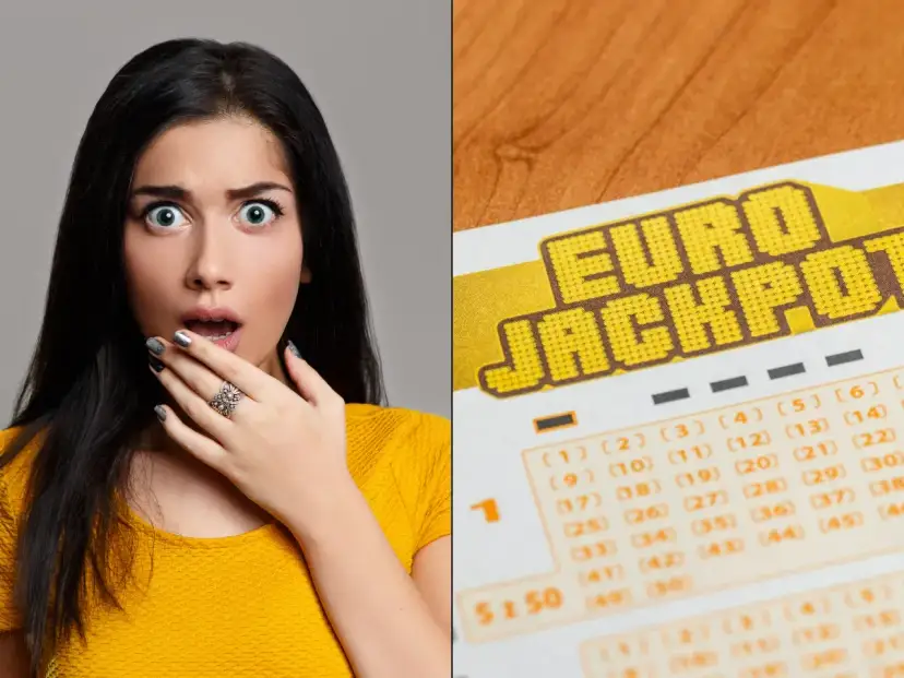 Zaskoczona kobieta obok kuponu Eurojackpot.