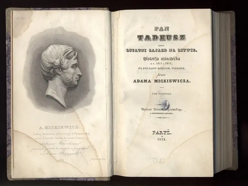 Portret Adama Mickiewicza i karta tytułowa "Pana Tadeusza", dzieła, które powstało w 1834 roku.