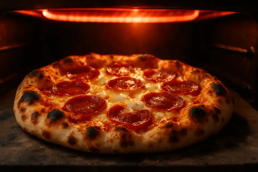 Pyszna pizza pepperoni w piecu, z rumianym, lekko przypalonym brzegiem. Czy pieczona z termoobiegiem, czy bez, wygląda apetycznie!