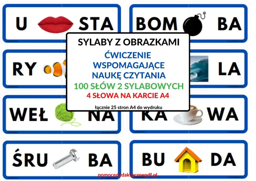 Zestaw kart do druku: sylaby z obrazkami do nauki czytania. Zawiera 100 dwusylabowych słów, 4 na karcie A4.