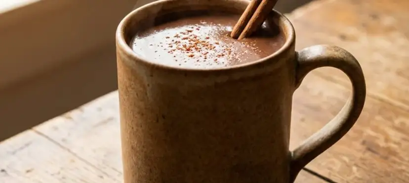 Eine dampfende Tasse vegane heiße Schokolade mit Zimtstange und Kakaopulver auf einem Holztisch.