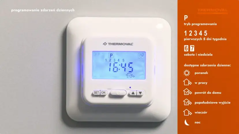 Programowanie zdarzeń dziennych na Thermoval TVT 04. Wyświetla godzinę 16:45, tryb programowania P, dni tygodnia 1-5, 6-7.