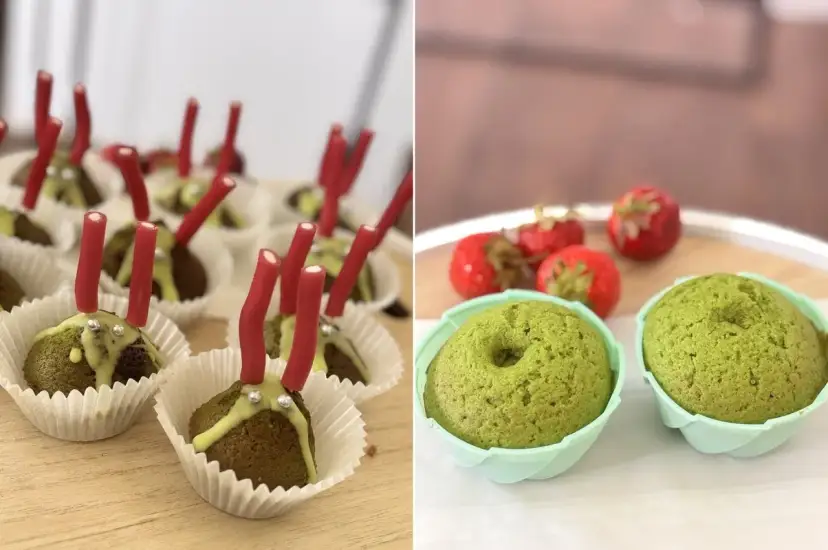 Dwa ujęcia: muffinki z czerwonymi patyczkami i posypką, oraz zielone muffinki z truskawkami.