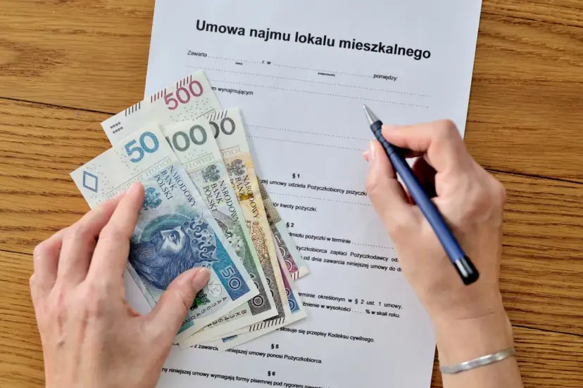 Umowa najmu i pieniądze na stole. Zastanawiasz się, jak zapłacić podatek od wynajmu mieszkania? Dokument i gotówka sugerują, że to czas na rozliczenie.
