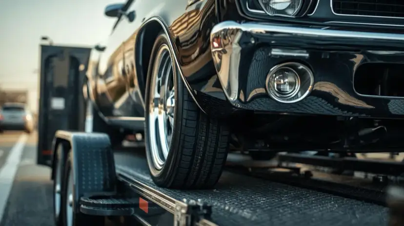 Czarne auto na lawecie, widoczna przednia część i koło.