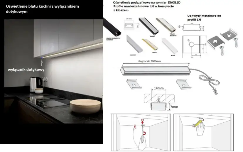 Oświetlenie LED pod szafkami kuchennymi z wyłącznikiem dotykowym i akcesoriami montażowymi.